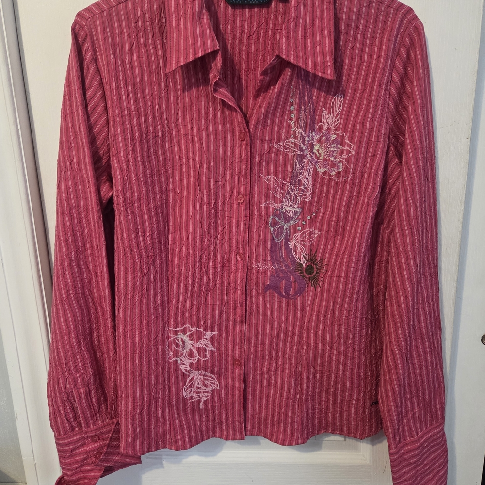 Point Zero Nicole Benisto XL Pink Crepe Striped Floral Button-Front Blouse